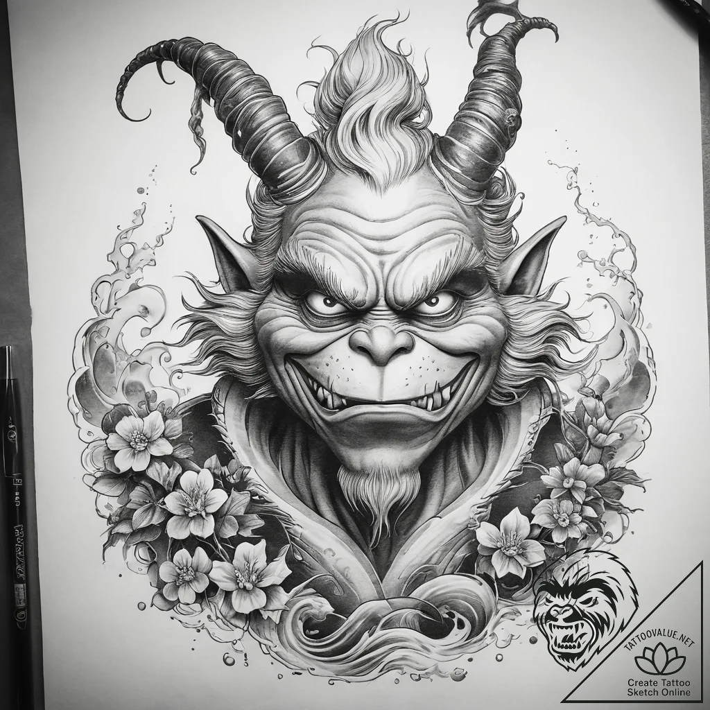 Tattoo sketch the grinch with a scale, tattoo... - tattoo sketch (№1757585608_0, 11.09.2025 10:13) — tattoovalue.net