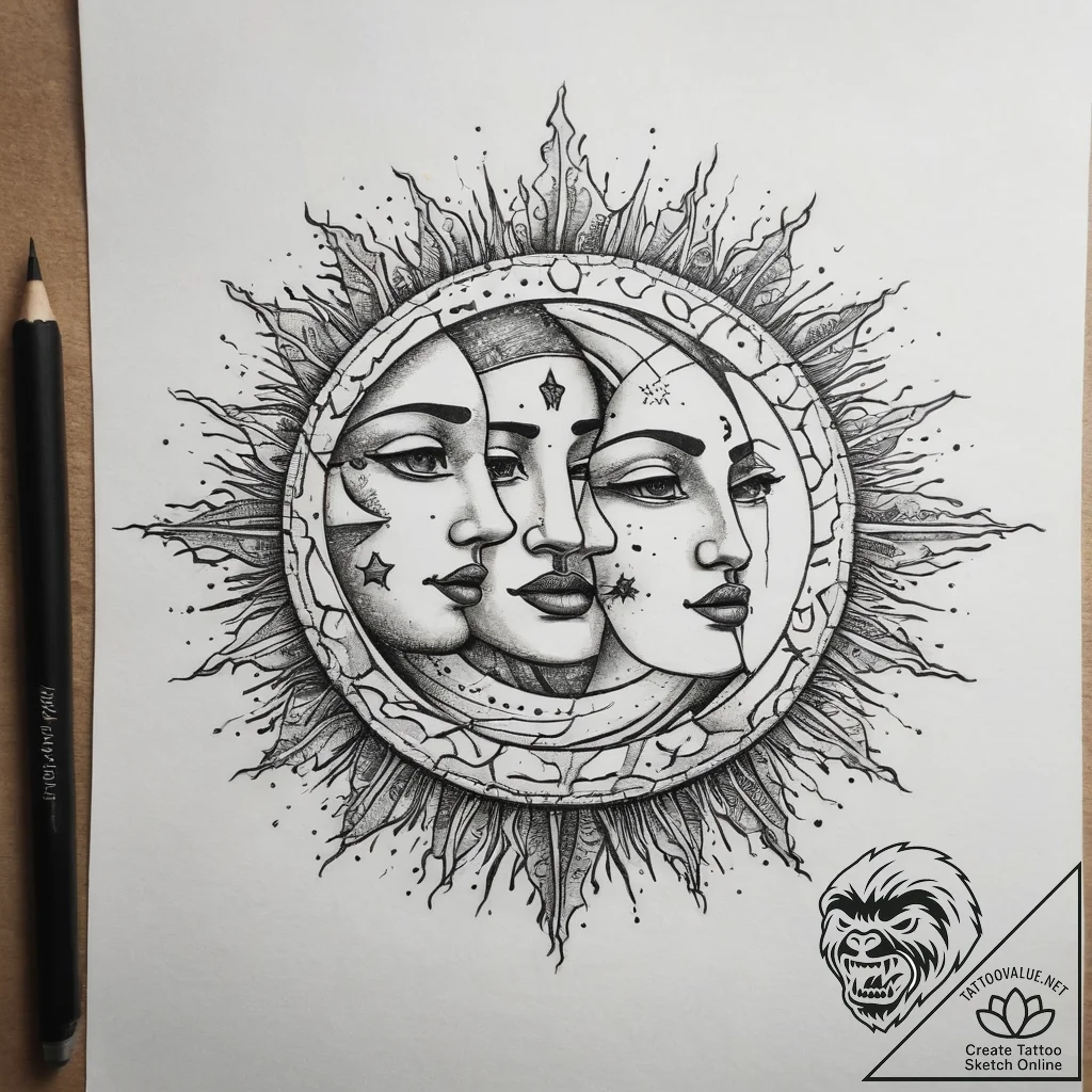 Tattoo sketch sun and moon together, tattoo s... - tattoo sketch (№1757586974_0, 11.09.2025 10:36) — tattoovalue.net