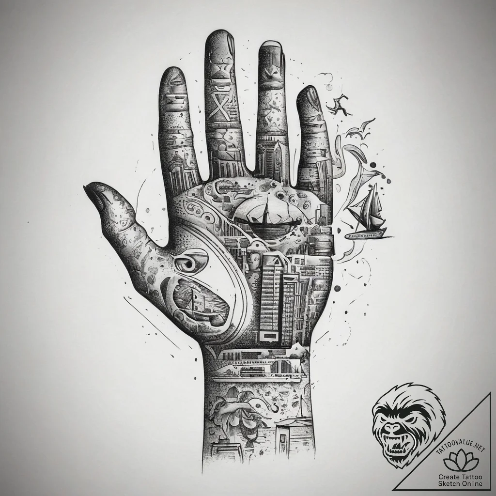 Tattoo sketch hands with a city, tattoo sketc... - tattoo sketch (№1757592645_0, 11.09.2025 12:10) — tattoovalue.net