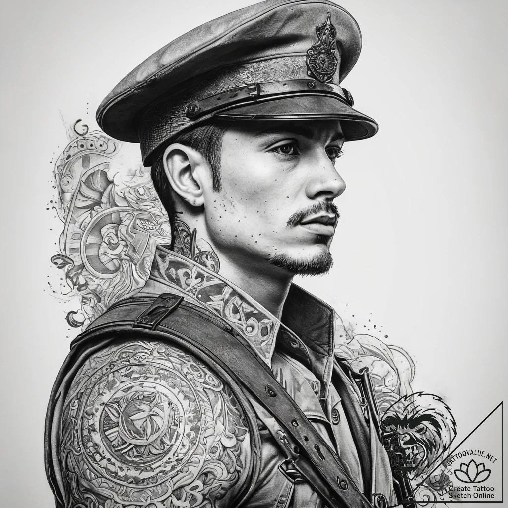 Tattoo sketch soldier with a map, tattoo flas... - tattoo sketch (№1757598686_0, 11.09.2025 13:51) — tattoovalue.net