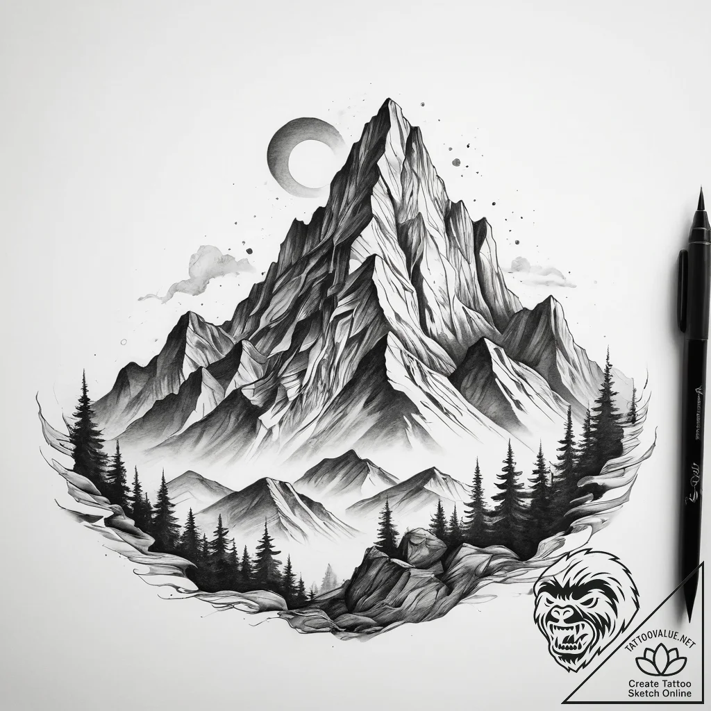 Tattoo sketch fiery mountain - tattoo sketch (№1757599274_0, 11.09.2025 14:01) — tattoovalue.net