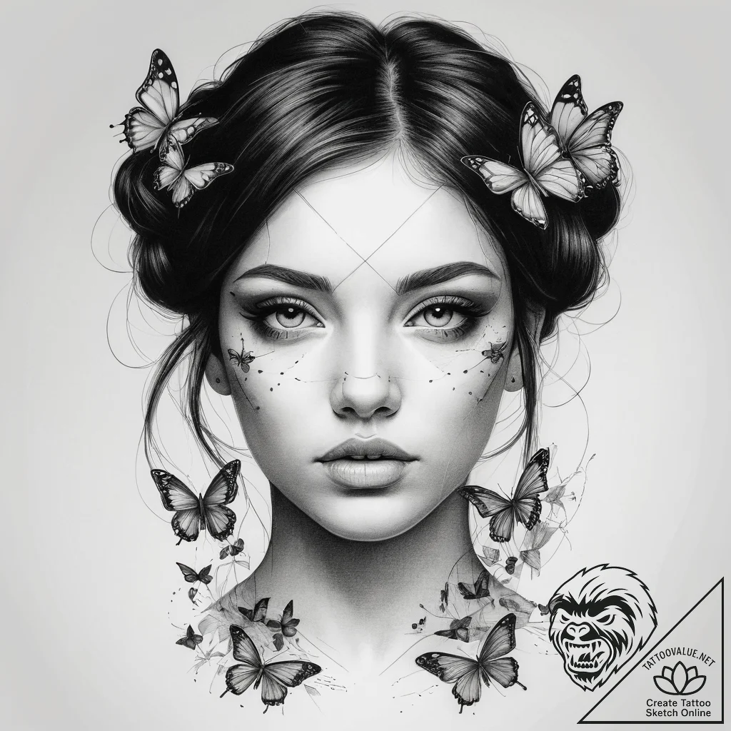 Tattoo sketch портрет девушки с бабочками, ta... - tattoo sketch (№1757605707_0, 11.09.2025 15:48) — tattoovalue.net