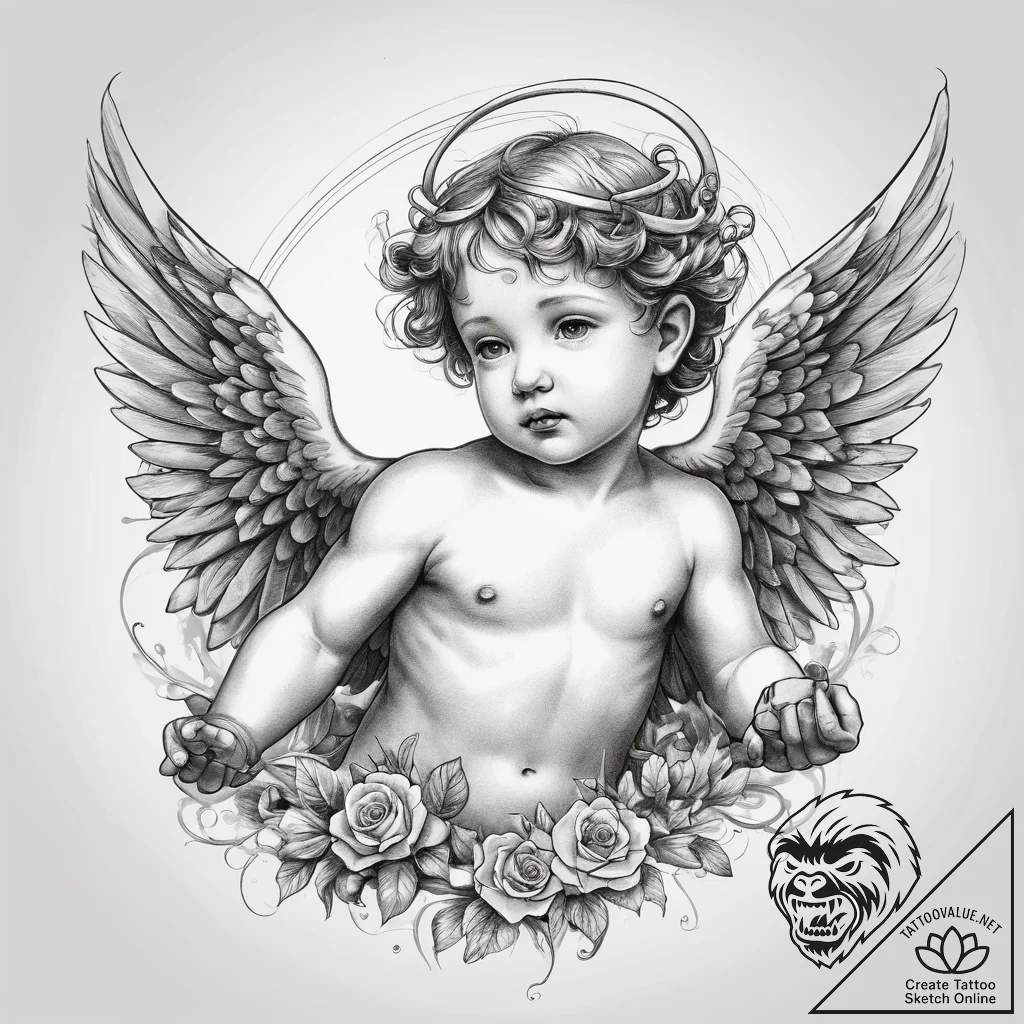Tattoo sketch cherub angel, tattoo line art,... - tattoo sketch (№1757615216_0, 11.09.2025 18:26) — tattoovalue.net