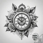 Tattoo sketch antique clock with a rose – tattoo sketch (№1757615409_0, 11.09.2025 18:30) — tattoovalue.net
