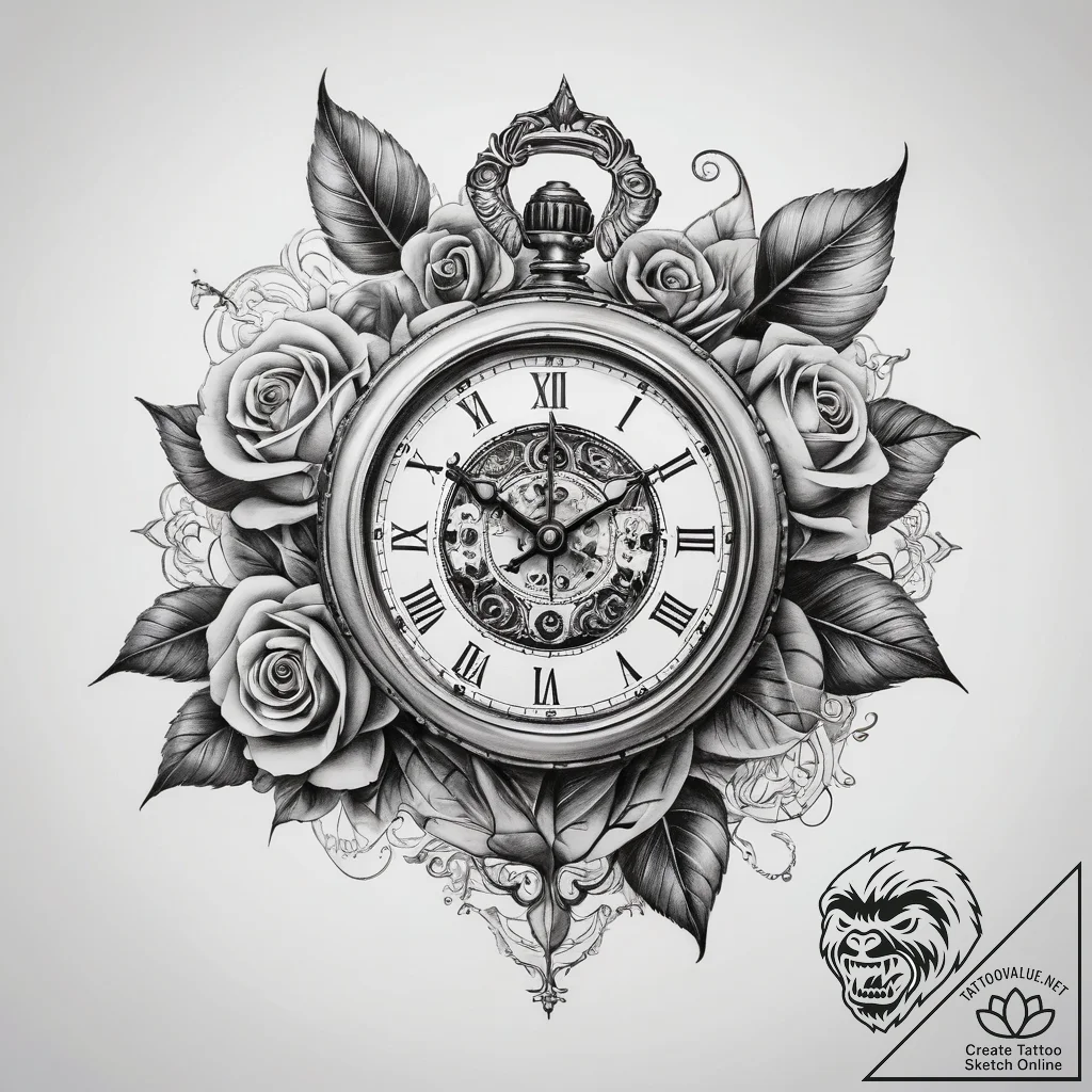 Tattoo sketch antique clock with a rose - tattoo sketch (№1757615409_0, 11.09.2025 18:30) — tattoovalue.net