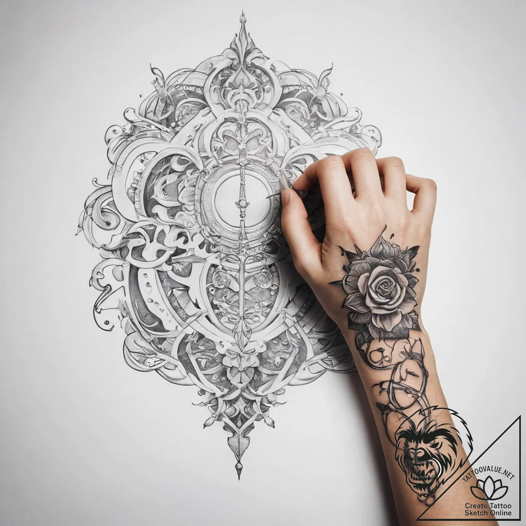 Tattoo sketch hands with a scroll - tattoo sketch (№1757635420_0, 12.09.2025 00:03) — tattoovalue.net