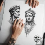 Tattoo sketch hands with a statue – tattoo sketch (№1757636779_0, 12.09.2025 00:26) — tattoovalue.net