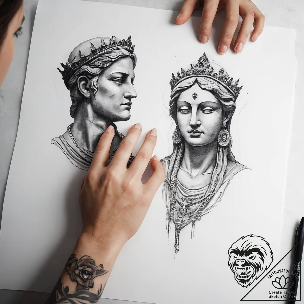 Tattoo sketch hands with a statue - tattoo sketch (№1757636779_0, 12.09.2025 00:26) — tattoovalue.net