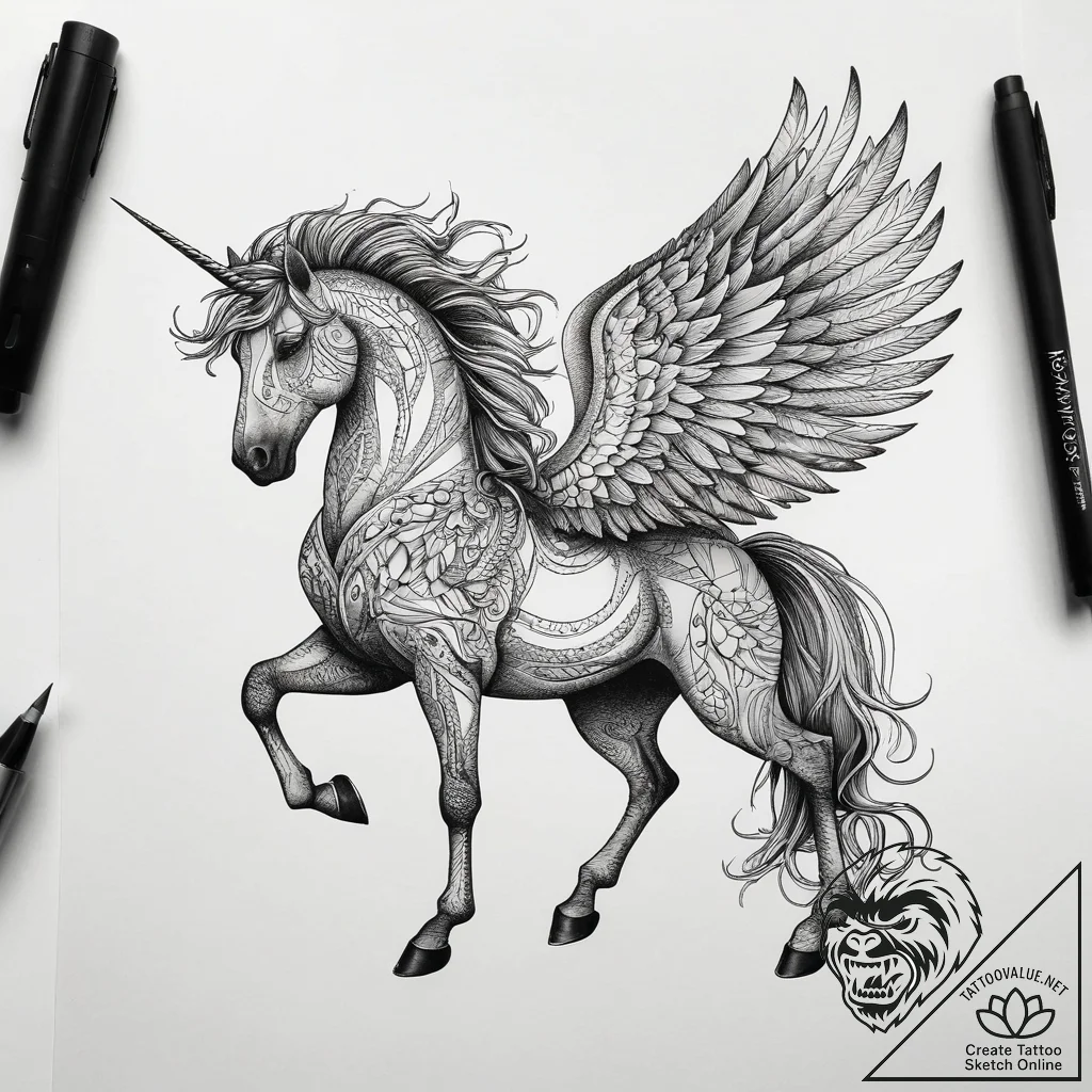 Tattoo sketch pegasus, ink illustration for t... - tattoo sketch (№1757645925_0, 12.09.2025 02:58) — tattoovalue.net