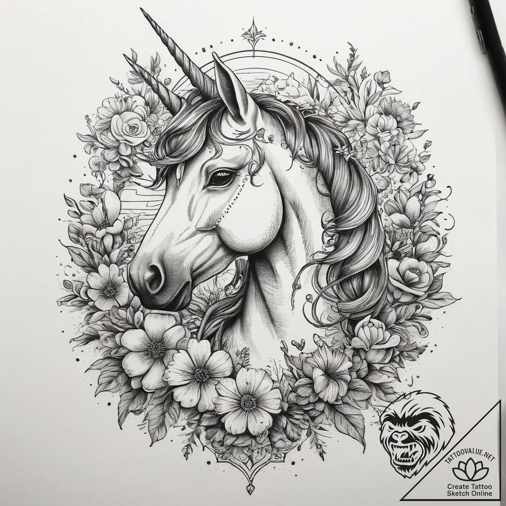 Tattoo sketch unicorn with flowers, tattoo li... - tattoo sketch (№1757653319_0, 12.09.2025 05:01) — tattoovalue.net