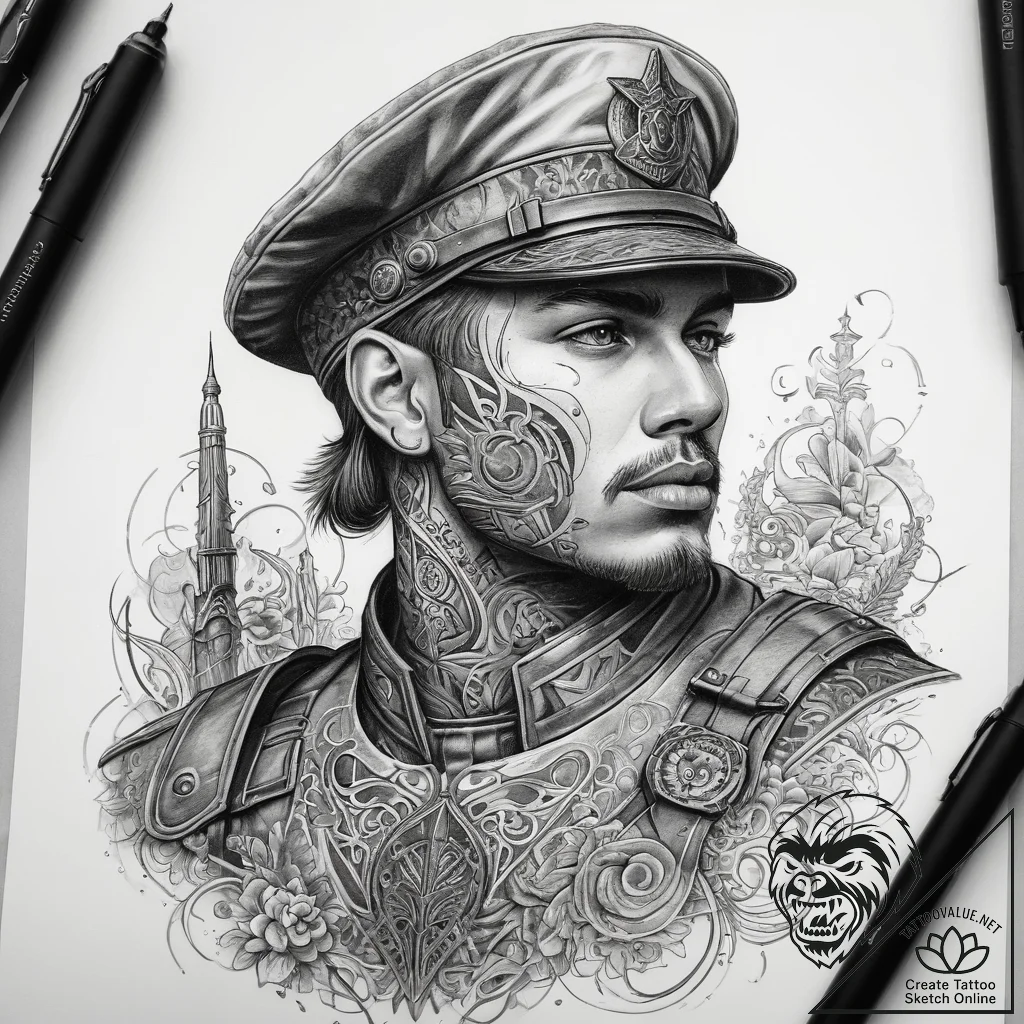 Tattoo sketch soldier with a pen, concept art... - tattoo sketch (№1757656835_0, 12.09.2025 06:00) — tattoovalue.net