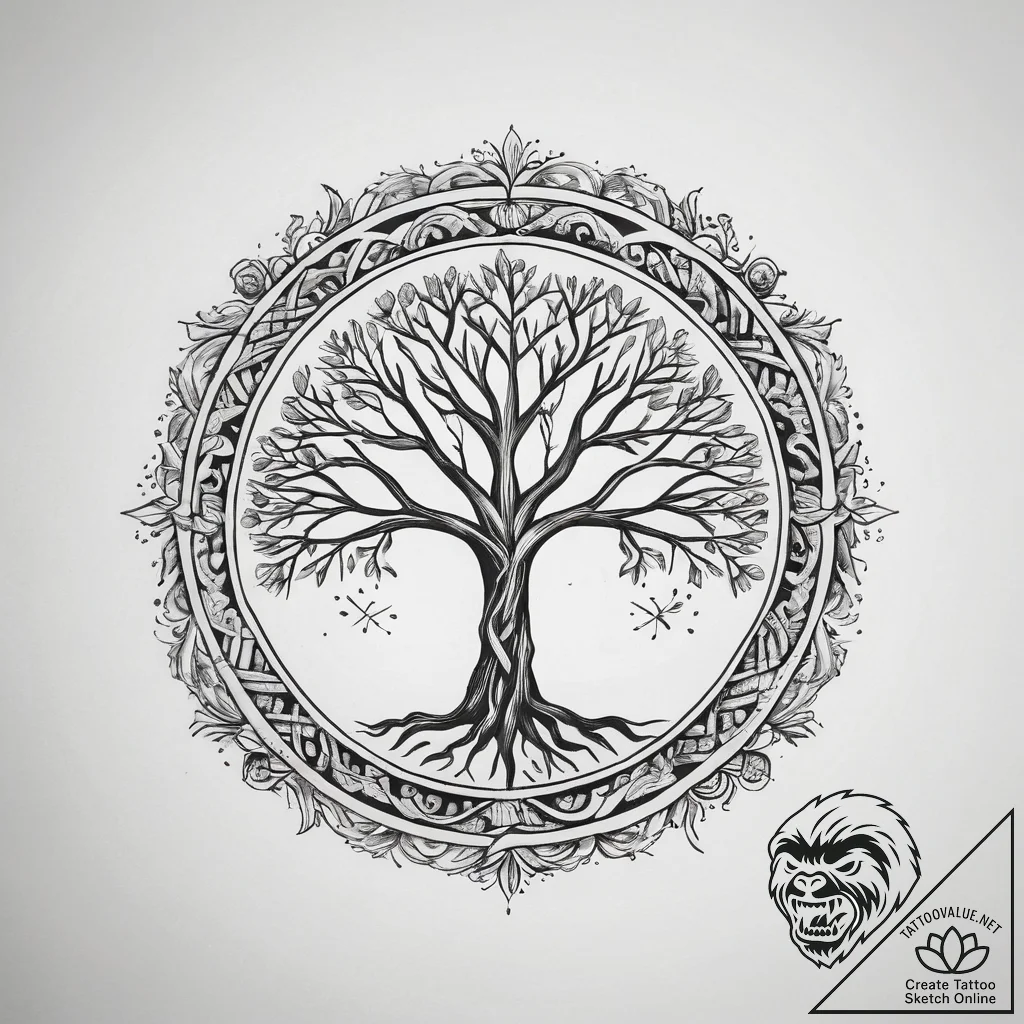 Tattoo sketch slavic sun symbol with a tree,... - tattoo sketch (№1757676124_0, 12.09.2025 11:22) — tattoovalue.net