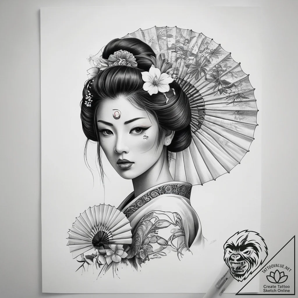 Tattoo sketch geisha with a fan - tattoo sketch (№1757679041_0, 12.09.2025 12:10) — tattoovalue.net