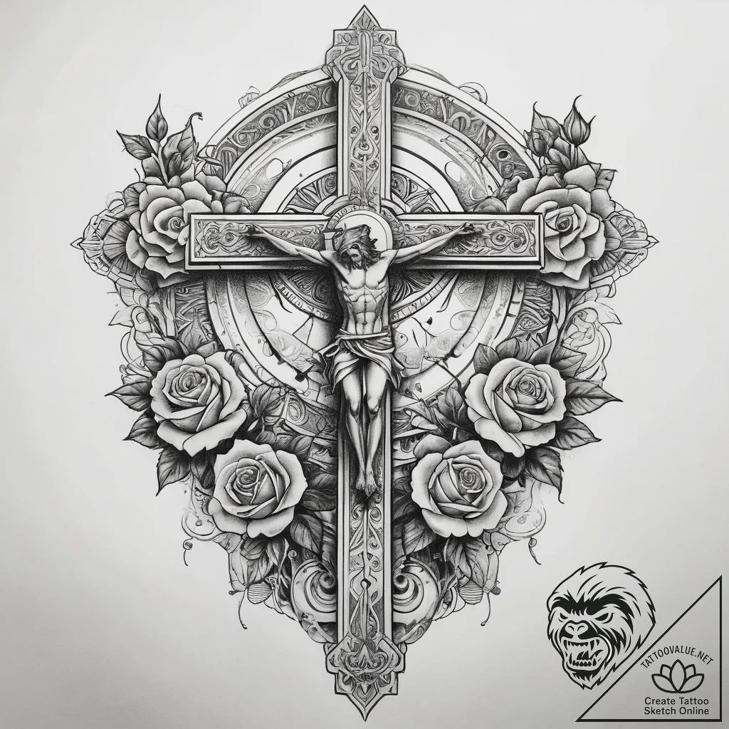 Tattoo sketch crucifix and scroll, tattoo fla... - tattoo sketch (№1757679235_0, 12.09.2025 12:13) — tattoovalue.net