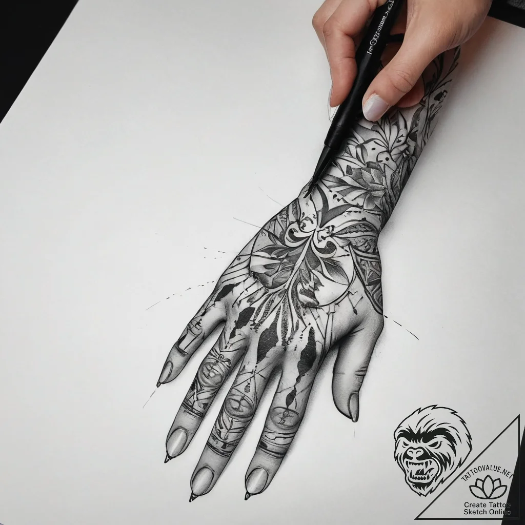 Tattoo sketch hands with a brush, ink illustr... - tattoo sketch (№1757693825_0, 12.09.2025 16:17) — tattoovalue.net