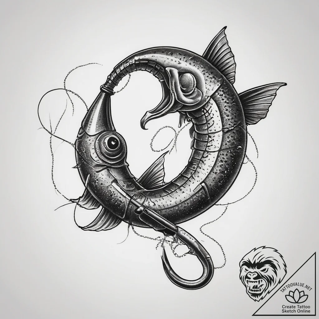 Tattoo sketch fishing a hook with a worm, con... - tattoo sketch (№1757698312_0, 12.09.2025 17:31) — tattoovalue.net