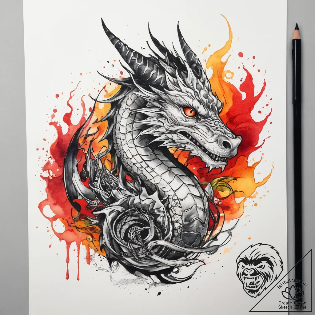 Tattoo sketch fire with a dragon, tattoo line... - tattoo sketch (№1757710320_0, 12.09.2025 20:52) — tattoovalue.net