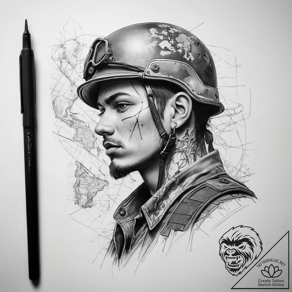 Tattoo sketch soldier with a map, tattoo draw... - tattoo sketch (№1757715626_0, 12.09.2025 22:20) — tattoovalue.net