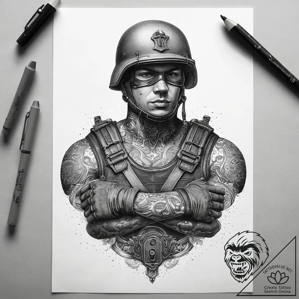 Tattoo sketch soldier with a lock, tattoo lin... - tattoo sketch (№1757719168_0, 12.09.2025 23:19) — tattoovalue.net