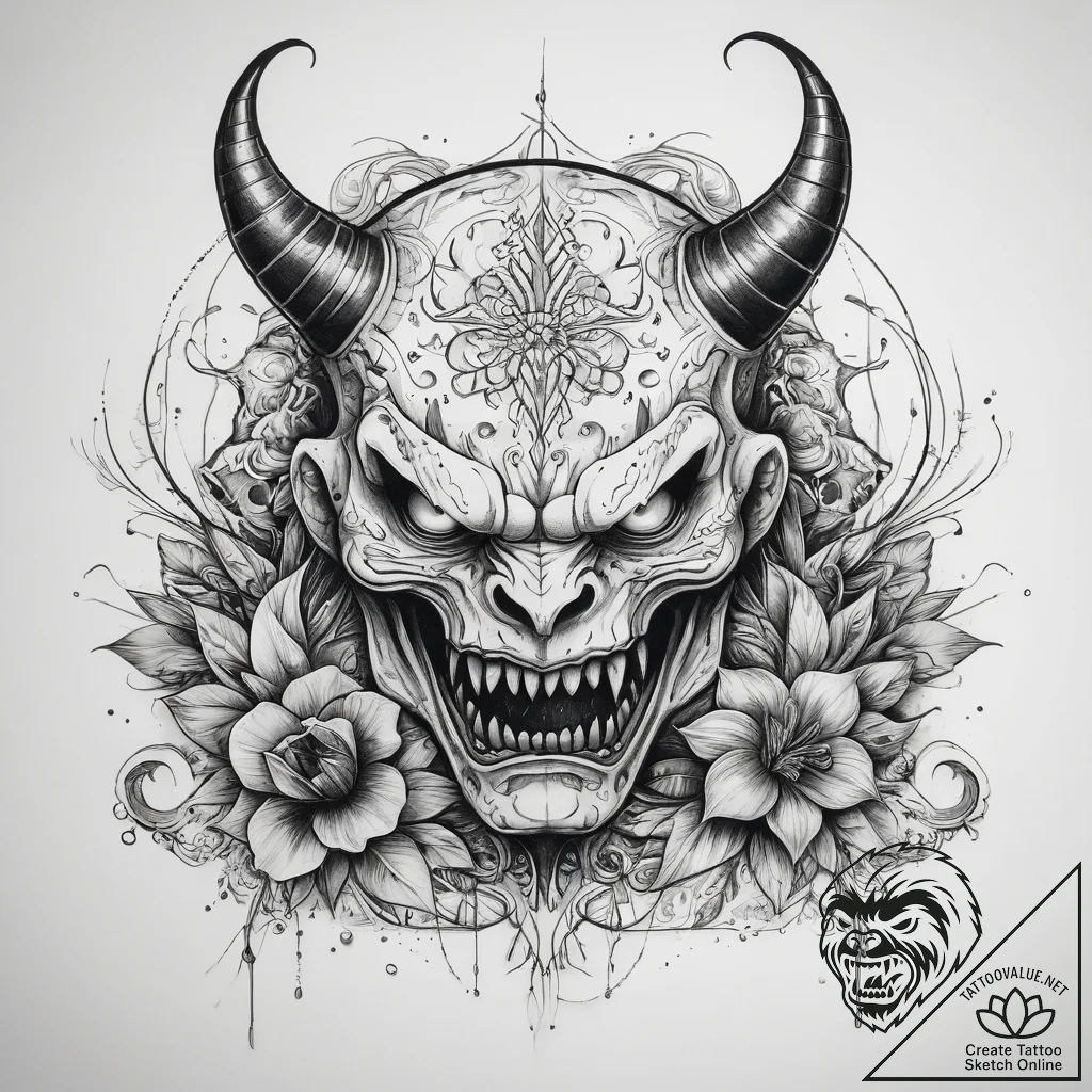 Tattoo sketch monster with a flower, ink illu... - tattoo sketch (№1757722348_0, 13.09.2025 00:12) — tattoovalue.net