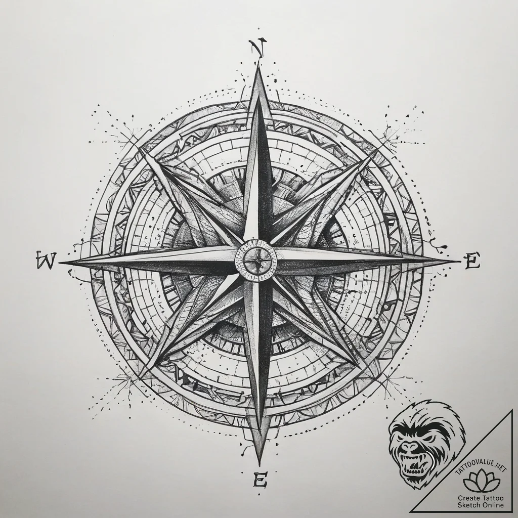 Tattoo sketch compass rose north, ink illustr... - tattoo sketch (№1757722542_0, 13.09.2025 00:15) — tattoovalue.net