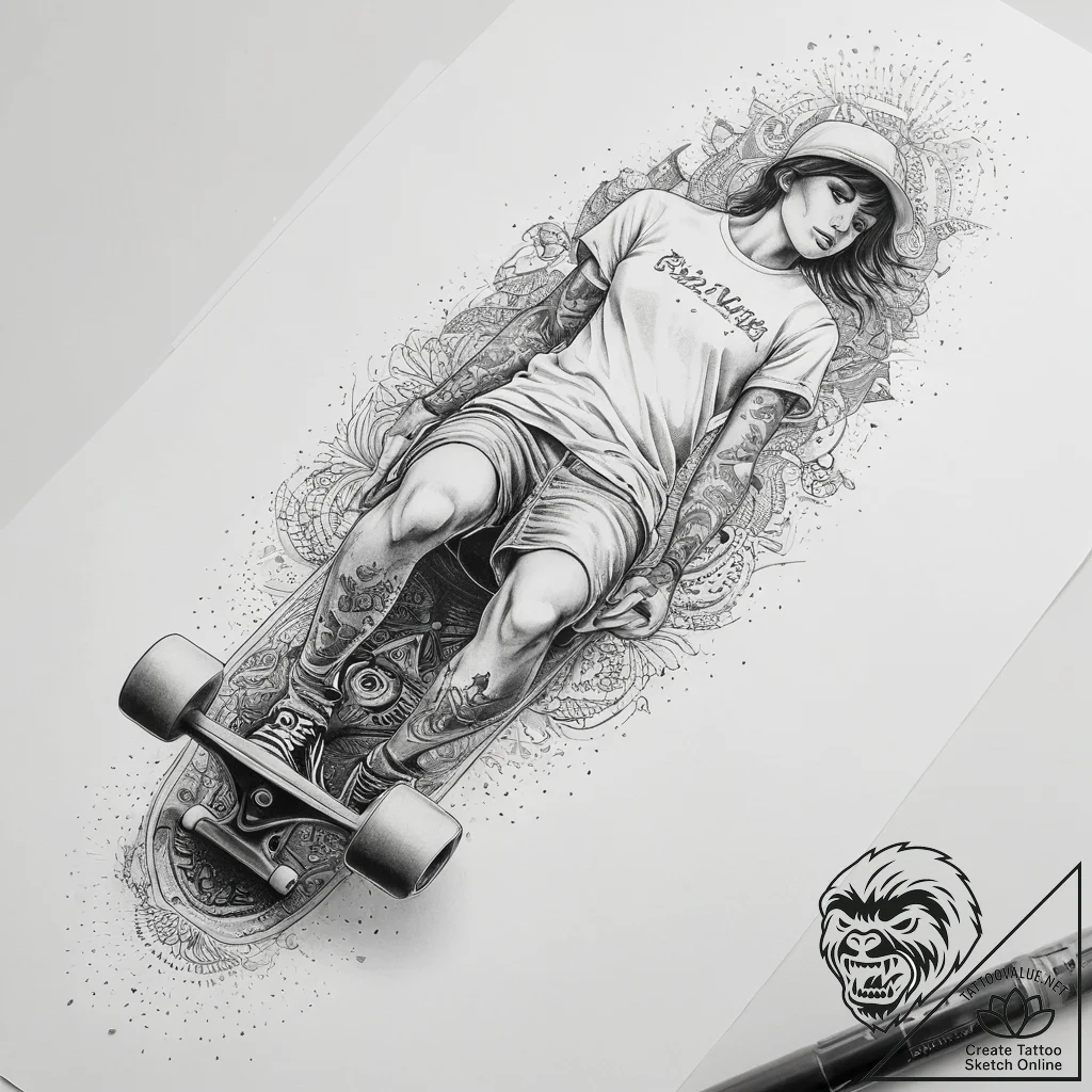 Tattoo sketch skateboarding a skateboard with... - tattoo sketch (№1757723938_0, 13.09.2025 00:38) — tattoovalue.net