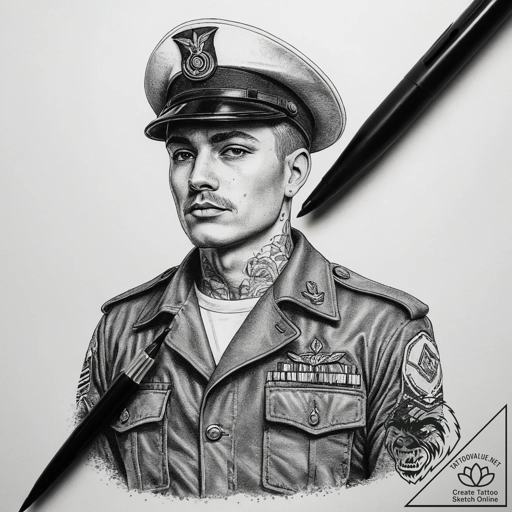 Tattoo sketch soldier with a pen, ink illustr... - tattoo sketch (№1757725142_0, 13.09.2025 00:59) — tattoovalue.net