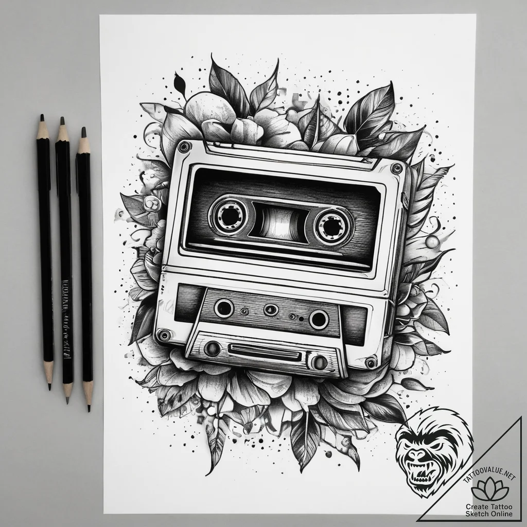 Tattoo sketch cassette tape with a pencil, ta... - tattoo sketch (№1757727924_0, 13.09.2025 01:45) — tattoovalue.net
