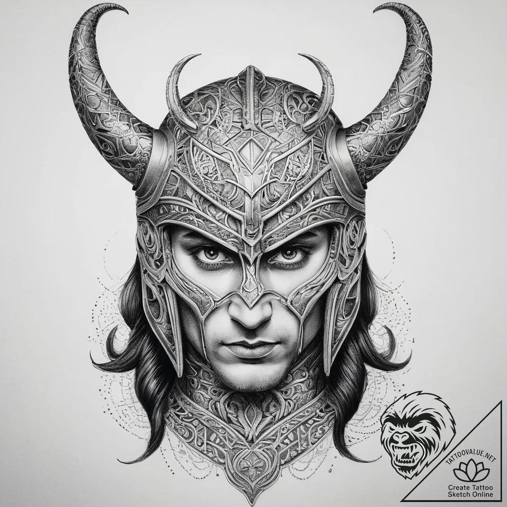Tattoo sketch loki with his helmet, concept a... - tattoo sketch (№1757733828_0, 13.09.2025 03:23) — tattoovalue.net