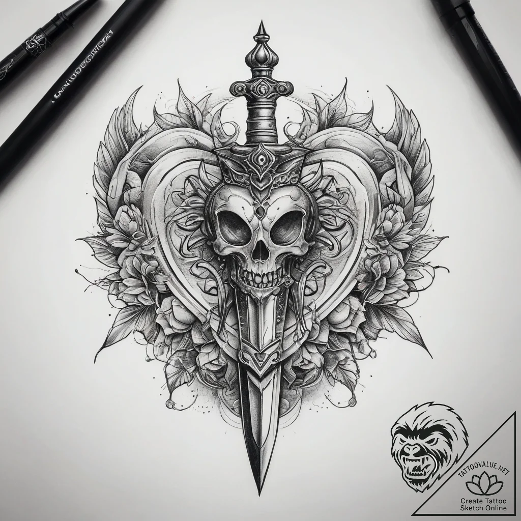 Tattoo sketch neo-traditional кинжал в сердце - tattoo sketch (№1757737152_0, 13.09.2025 04:19) — tattoovalue.net