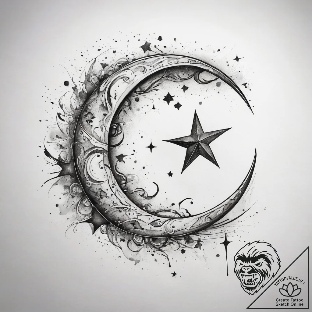 Tattoo sketch crescent moon with a star, tatt... - tattoo sketch (№1757737932_0, 13.09.2025 04:32) — tattoovalue.net