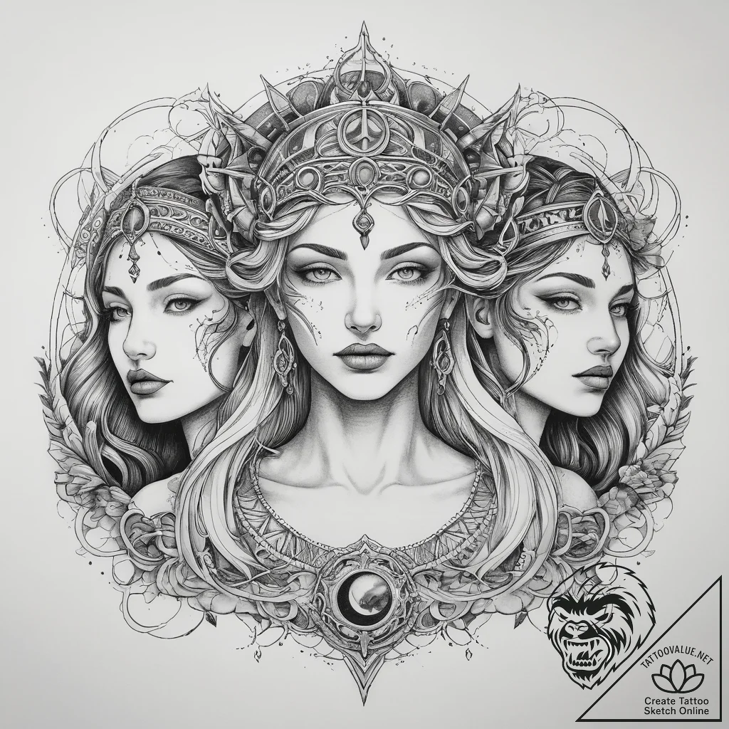 Tattoo sketch triple goddess and maiden, ink... - tattoo sketch (№1757743254_0, 13.09.2025 06:00) — tattoovalue.net