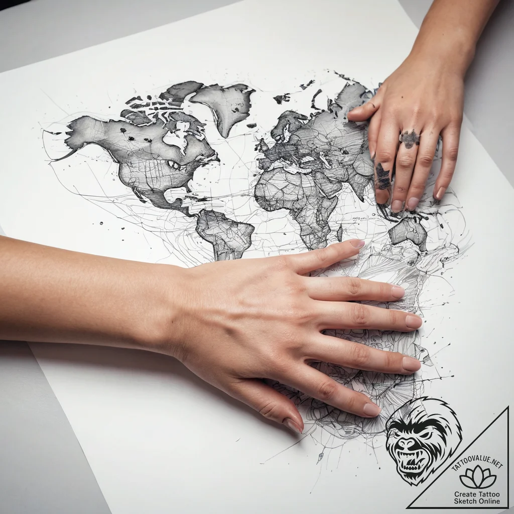 Tattoo sketch hands with a map, artistic tatt... - tattoo sketch (№1757764186_0, 13.09.2025 11:49) — tattoovalue.net