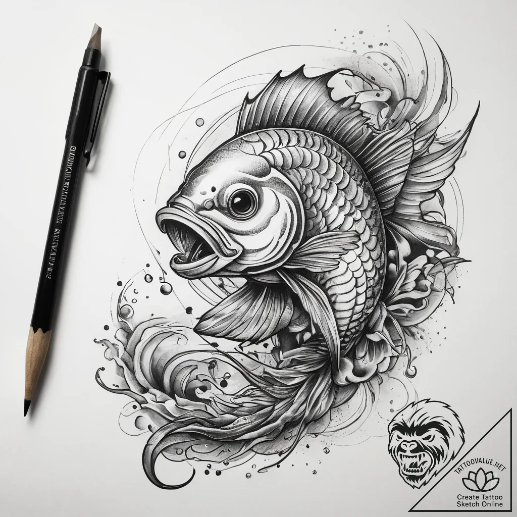 Tattoo sketch fishing a fish on a hook, tatto... - tattoo sketch (№1757769352_0, 13.09.2025 13:15) — tattoovalue.net