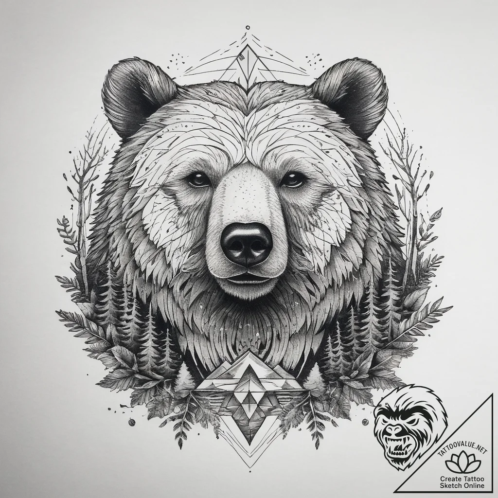 Tattoo sketch bear in forest, tattoo flash sh... - tattoo sketch (№1757771891_0, 13.09.2025 13:58) — tattoovalue.net