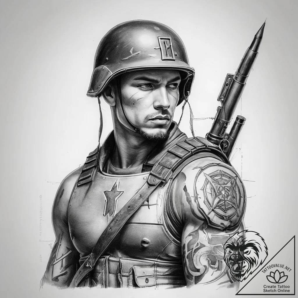 Tattoo sketch soldier with a pen - tattoo sketch (№1757772472_0, 13.09.2025 14:07) — tattoovalue.net