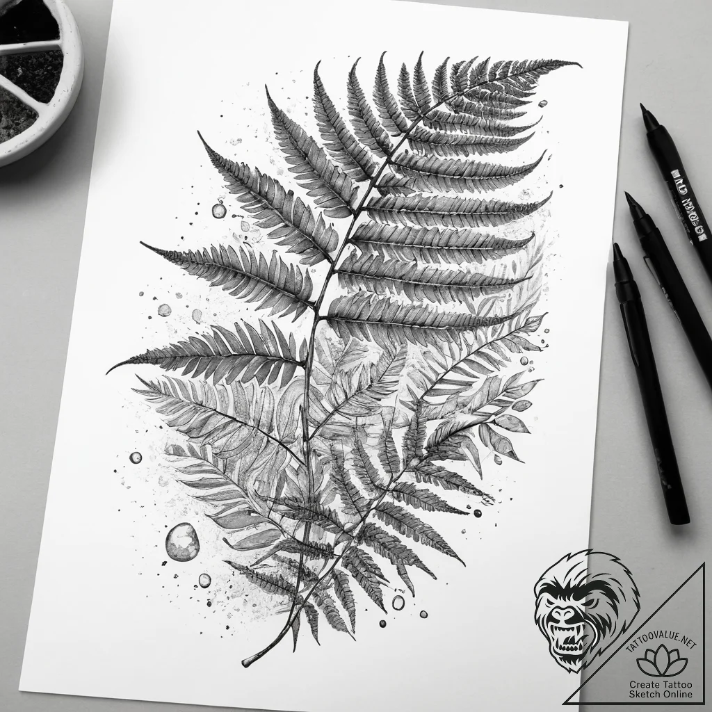 Tattoo sketch fern with a dewdrop, tattoo fla... - tattoo sketch (№1757786665_0, 13.09.2025 18:04) — tattoovalue.net