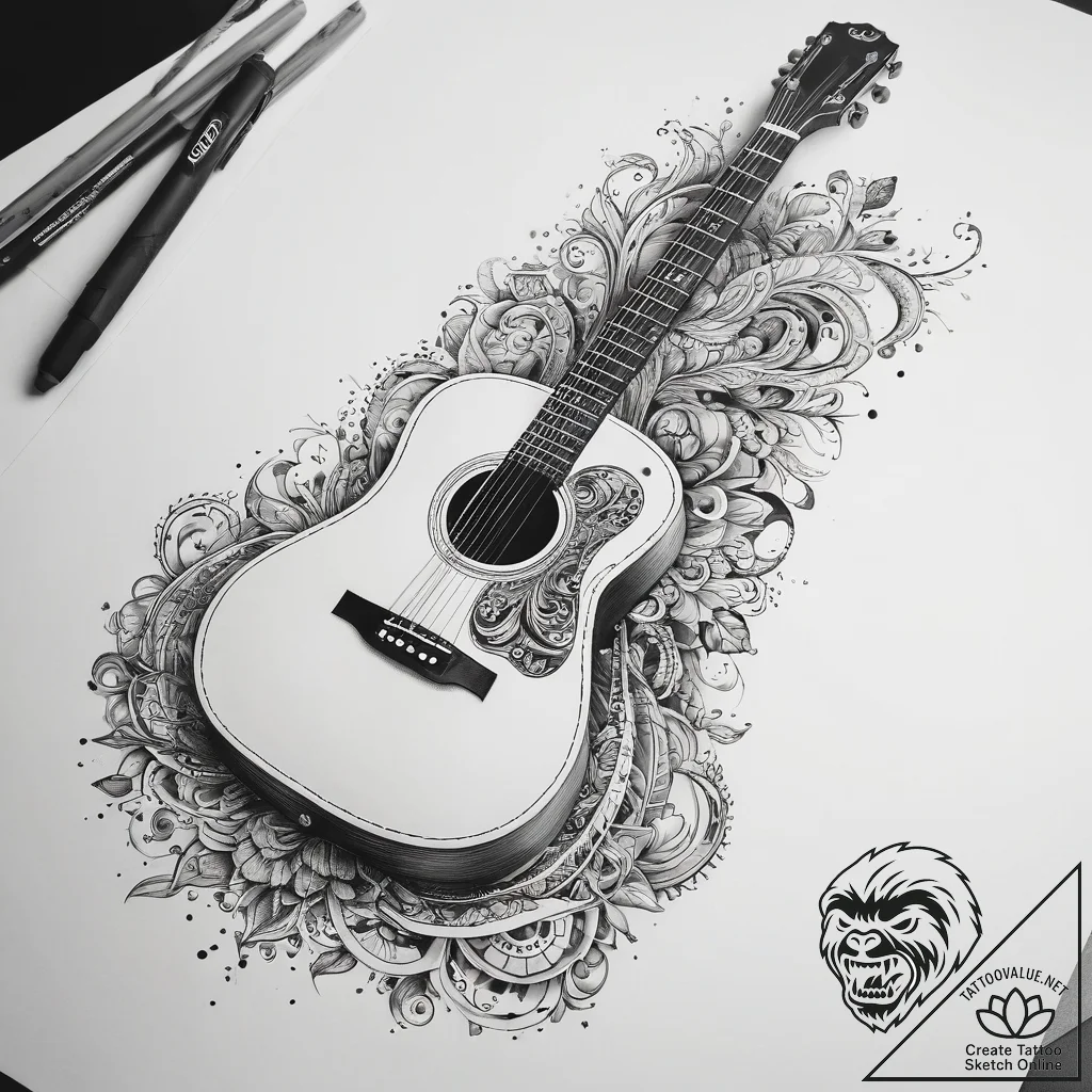 Tattoo sketch music acoustic guitar with musi... - tattoo sketch (№1757787462_0, 13.09.2025 18:17) — tattoovalue.net