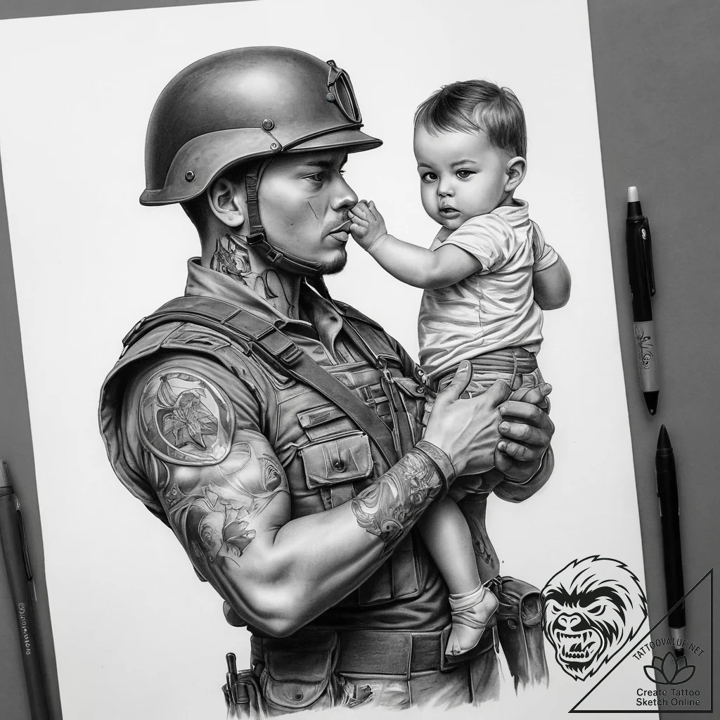 Tattoo sketch soldier and a child, artistic t... - tattoo sketch (№1757789225_0, 13.09.2025 18:47) — tattoovalue.net