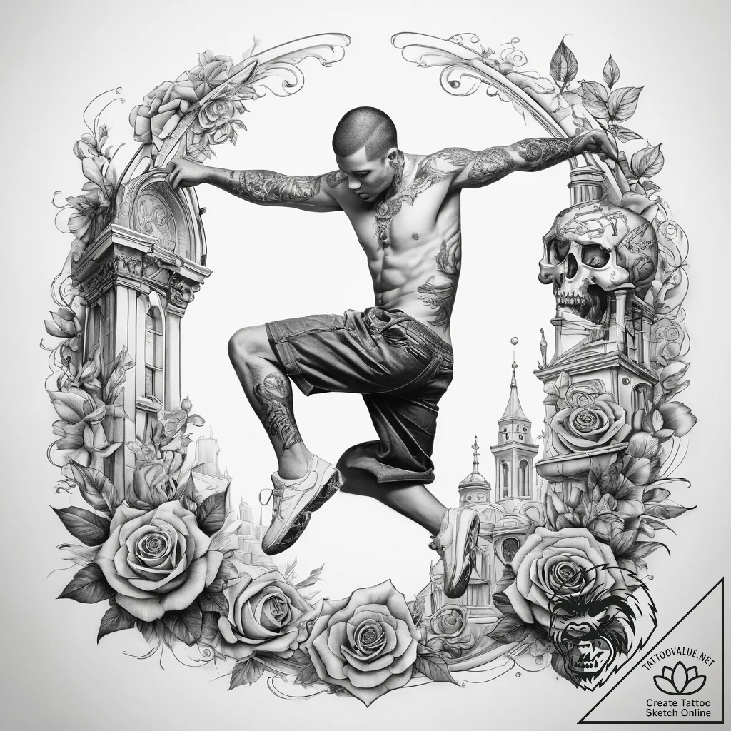 Tattoo sketch parkour person jumping building... - tattoo sketch (№1757791987_0, 13.09.2025 19:33) — tattoovalue.net