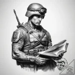 Tattoo sketch soldier with a book – tattoo sketch (№1757795926_0, 13.09.2025 20:38) — tattoovalue.net