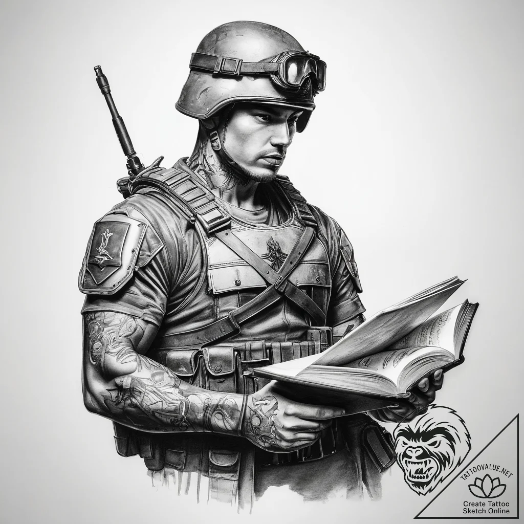 Tattoo sketch soldier with a book - tattoo sketch (№1757795926_0, 13.09.2025 20:38) — tattoovalue.net