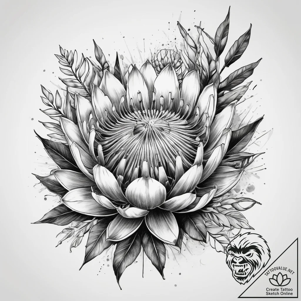 Tattoo sketch king protea, ink illustration f... - tattoo sketch (№1757799910_0, 13.09.2025 21:45) — tattoovalue.net