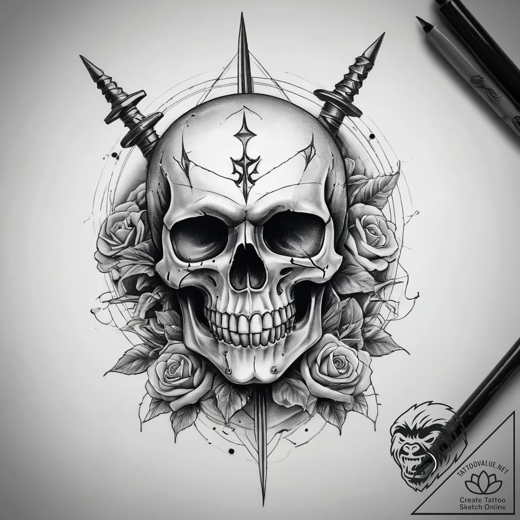 Tattoo sketch skull with a dagger, tattoo lin... - tattoo sketch (№1757802691_0, 13.09.2025 22:31) — tattoovalue.net