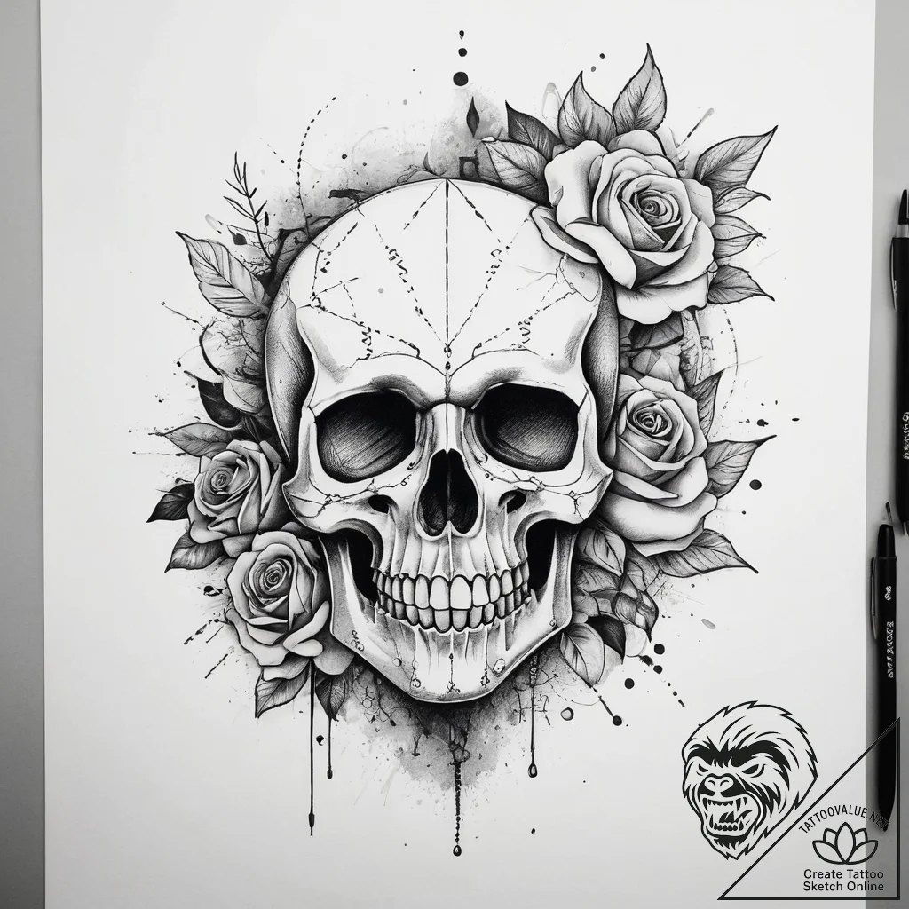 Tattoo sketch trash polka череп и розы, ink i... - tattoo sketch (№1757803687_0, 13.09.2025 22:48) — tattoovalue.net