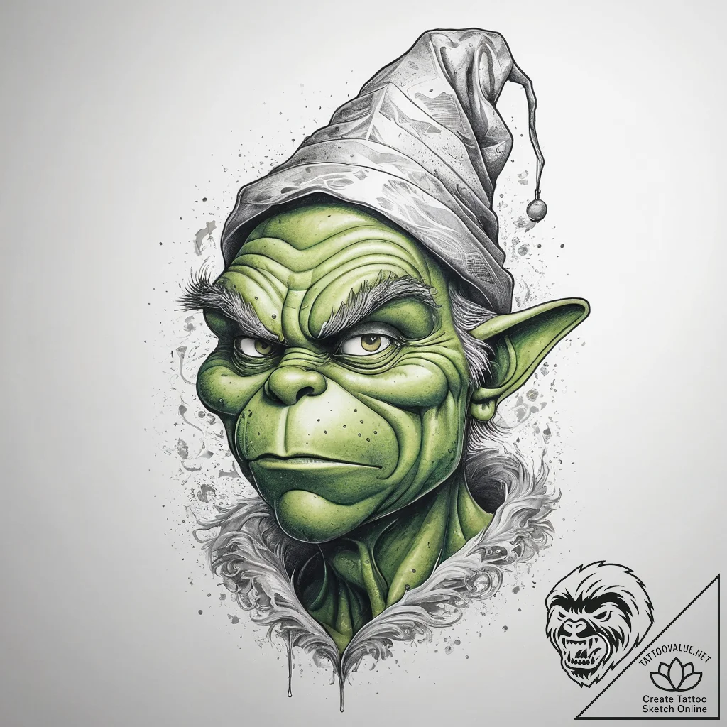 Tattoo sketch the grinch with a monument, tat... - tattoo sketch (№1757804087_0, 13.09.2025 22:54) — tattoovalue.net