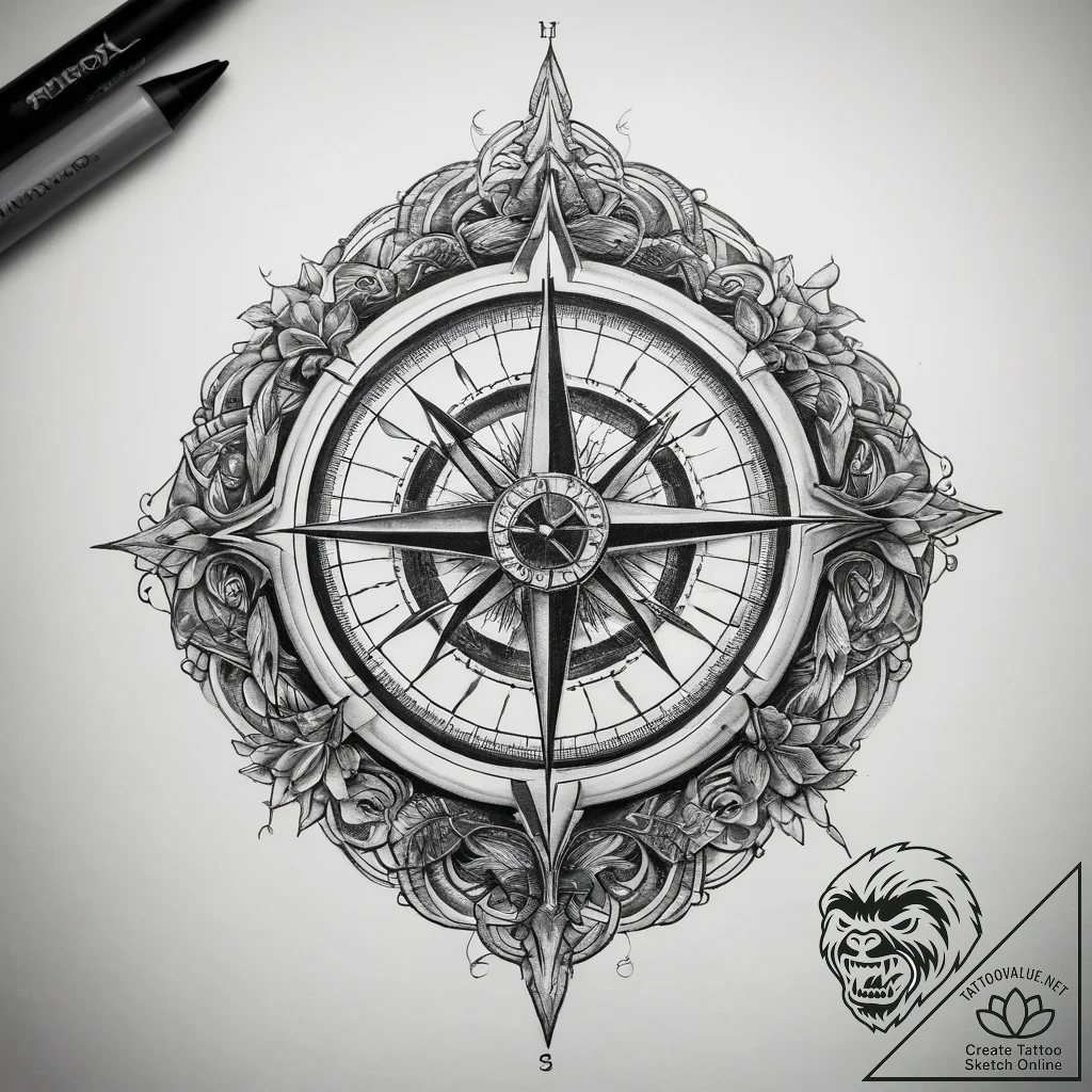 Tattoo sketch compass, tattoo line art, on a... - tattoo sketch (№1757807244_0, 13.09.2025 23:47) — tattoovalue.net