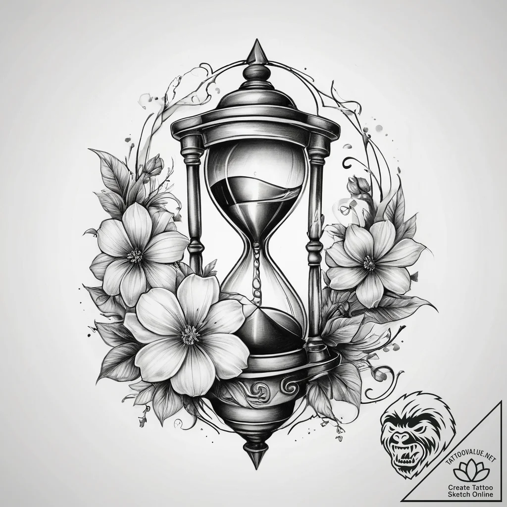Tattoo sketch old hourglass with a flower - tattoo sketch (№1757810201_0, 14.09.2025 00:36) — tattoovalue.net
