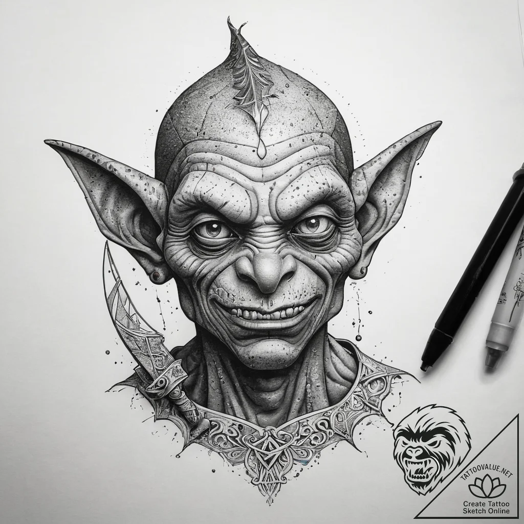 Tattoo sketch goblin with a knife, tattoo lin... - tattoo sketch (№1757810796_0, 14.09.2025 00:46) — tattoovalue.net