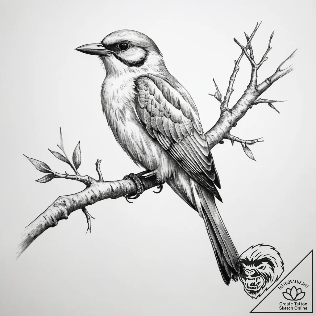 Tattoo sketch birdwatching a bird on a branch - tattoo sketch (№1757824087_0, 14.09.2025 04:28) — tattoovalue.net